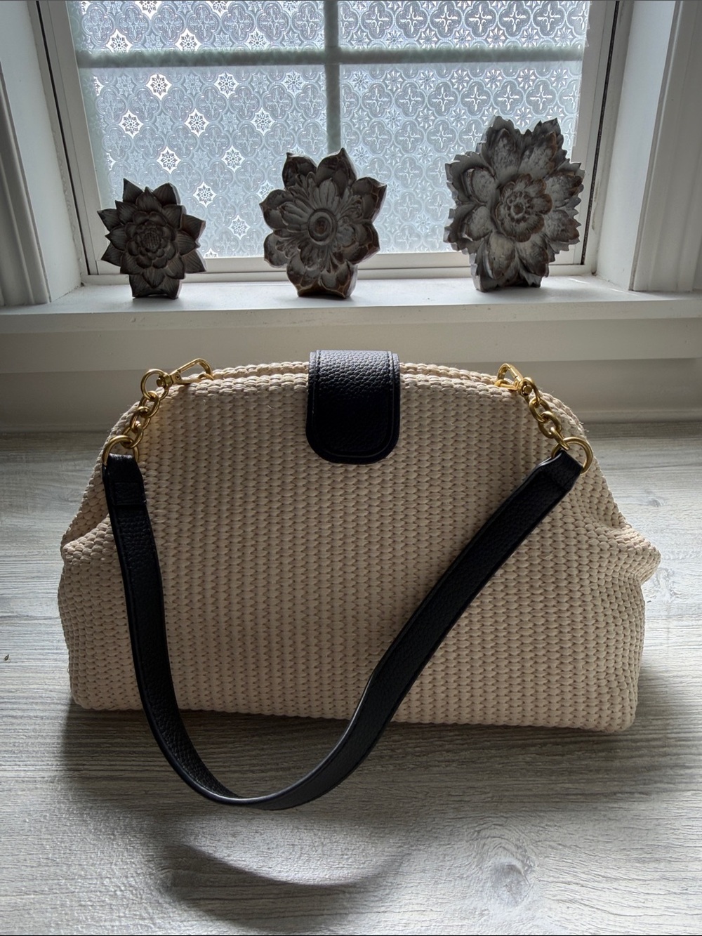 Cream Woven Shoulder Bag with Black Leather Trim and Gold Accents